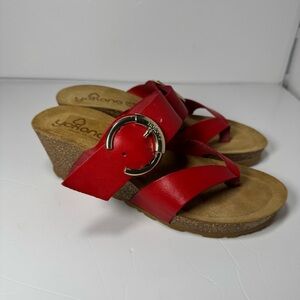 Yokono Red Leather Wedge Sandals Size 38 7 Buckle Strap Cork Platform Spain
